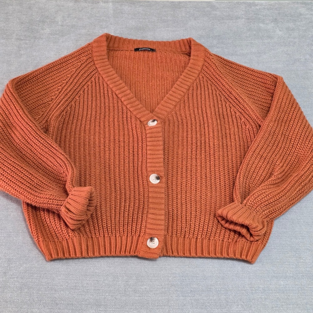 Womens Chunky Knit Button Front Cardigan Burnt Orange Large Oversized Crop Fall